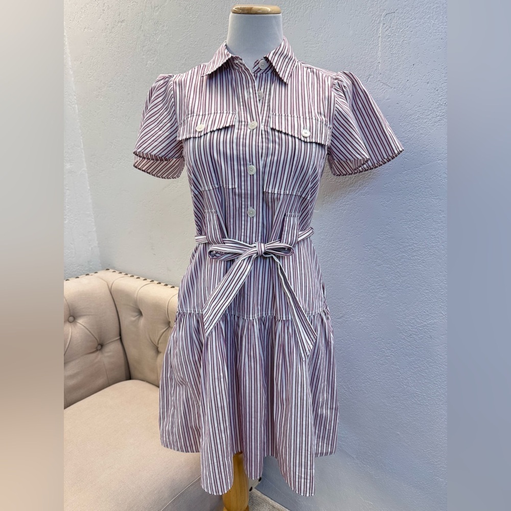 DEREK LAM 10 CROSBY Pei Striped Cotton Mini Shirtdress Color: RED MULTI 2 - Picture 2 of 12